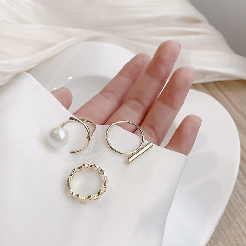 Wholesale Fashion Ring Women's Three-Piece Pearl Simple Bracelet Bracelet Set Ring Jewelry Gift