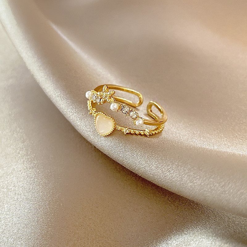 Wholesale Love Heart Opal Flower Ring Female Women Girl Zircon Pearl Adjust Opening Ring Jewelry Gift