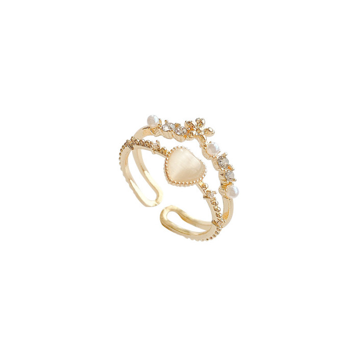 Wholesale Love Heart Opal Flower Ring Female Women Girl Zircon Pearl Adjust Opening Ring Jewelry Gift