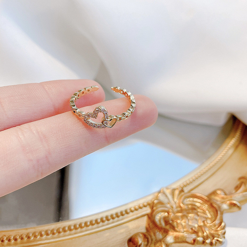 Wholesale Zircon Double Heart-Shaped Open Adjust Ring Forefinger Ring Ring for Women Wholesale Jewelry Gift