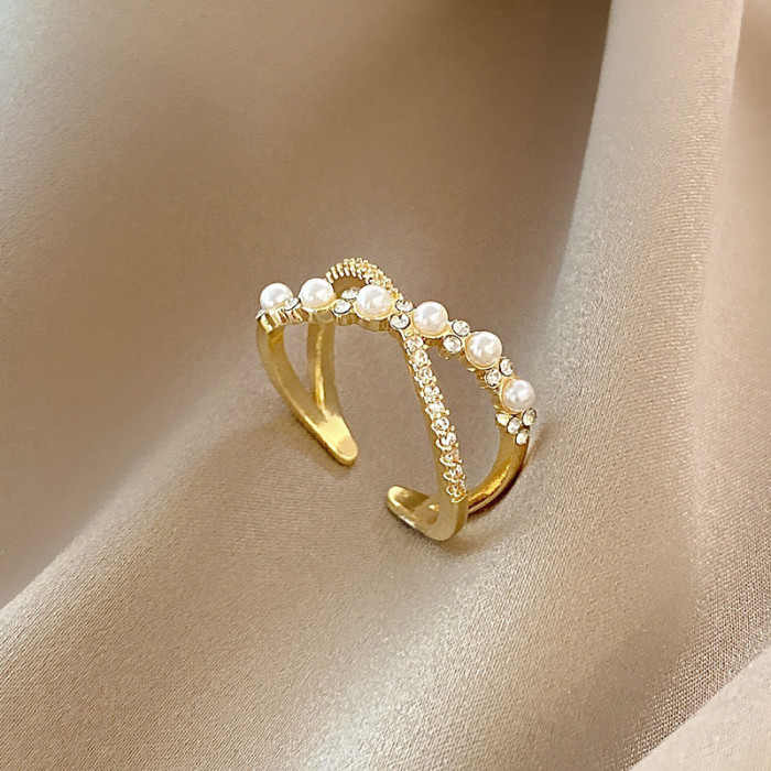Wholesale Cross Pearl Ring Female Open Adjust Index Finger Ring Jewelry Gift
