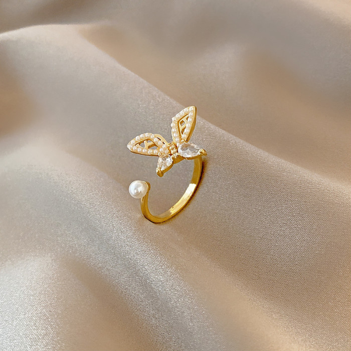 Wholesale Butterfly Open Adjust-End Pearl Ring Female Zircon Ring Ring Jewelry Gift