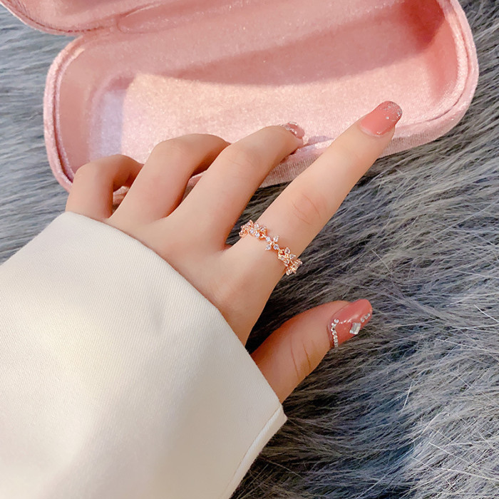 Wholesale Stylish Adjustable Flower Ring Female Pull-out Index Finger Ring Zircon Rose Gold Ring Jewelry Gift