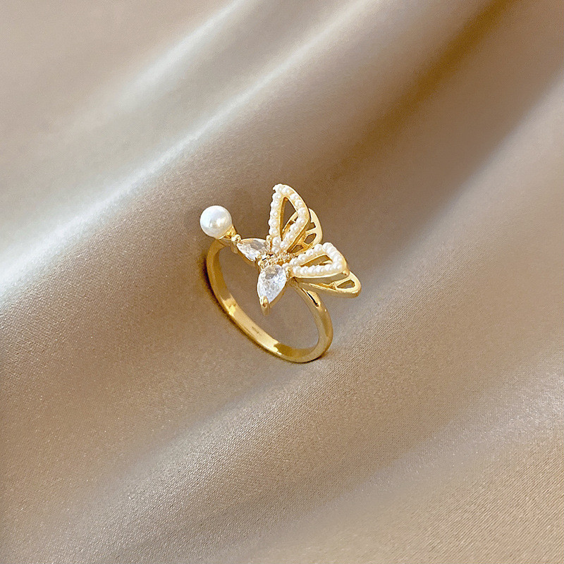 Wholesale Butterfly Open Adjust-End Pearl Ring Female Zircon Ring Ring Jewelry Gift
