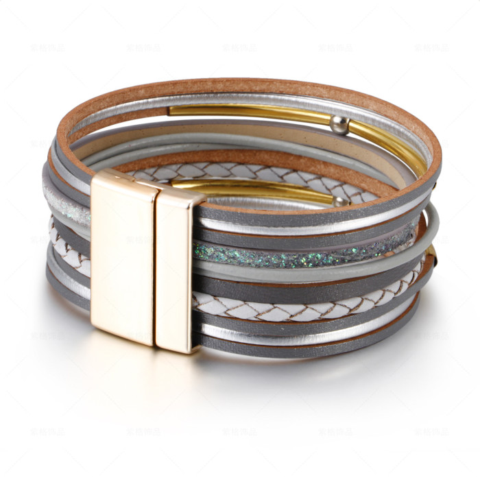 Magnetic Boho Mint Leather Bracelets for Women  Fashion Ladies Slim Strips Multilayer Wide Wrap Bracelet Female Jewelry Gift 6dr4