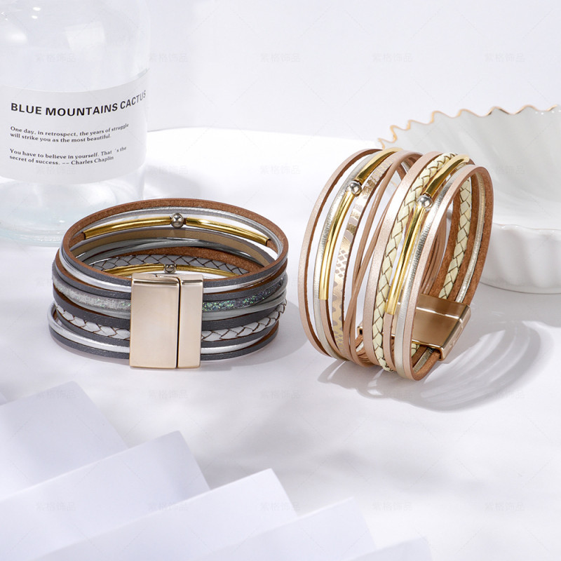 Magnetic Boho Mint Leather Bracelets for Women  Fashion Ladies Slim Strips Multilayer Wide Wrap Bracelet Female Jewelry Gift 6dr4