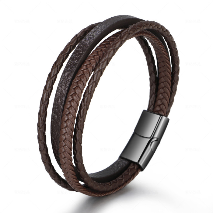Punk Multilayer Woven Genuine Leather Men's Bracelet Brown Black Stainless Steel Magnetic Clasp Jewelry Gift 4165
