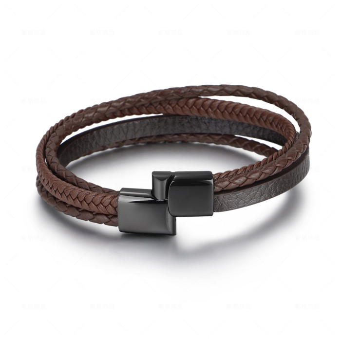 Punk Multilayer Woven Genuine Leather Men's Bracelet Brown Black Stainless Steel Magnetic Clasp Jewelry Gift 4165