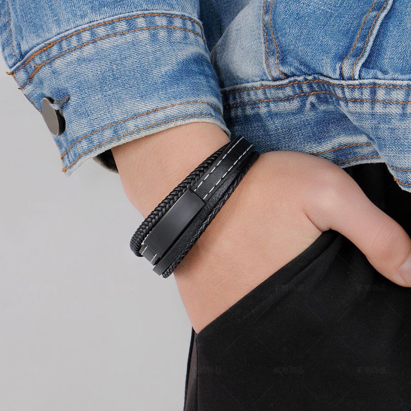 Magnetic Clasp Leather Bracelets for Men Multilayer Stainless Steel Insert Bracelet Braided Bangles Punk Jewelry Accessories