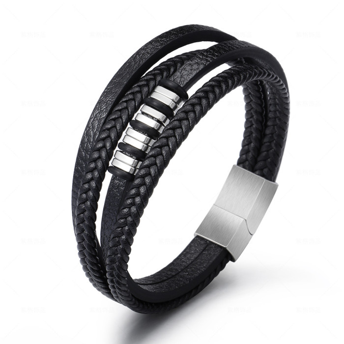 Genuine Leather Bracelet Natural Stone Bracelets Multilayer Rope Bangles Stainless Steel Magnetic Clasp Men Jewelly