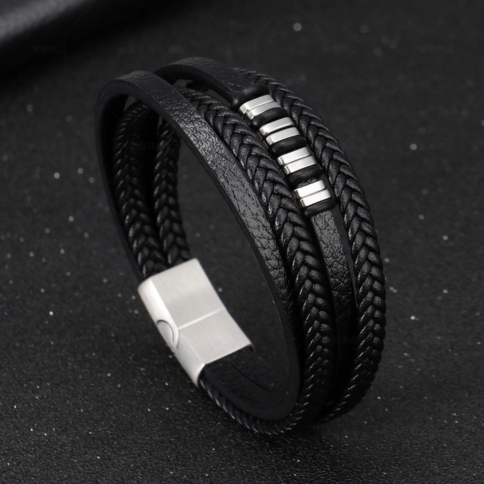 Genuine Leather Bracelet Natural Stone Bracelets Multilayer Rope Bangles Stainless Steel Magnetic Clasp Men Jewelly