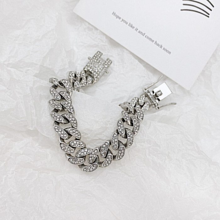 Luxury Fashion Rhinestone Bracelet Women Men Hiphop Cuban Link Bracelets Simple Design Silver Color Jewelry Gifts gb015