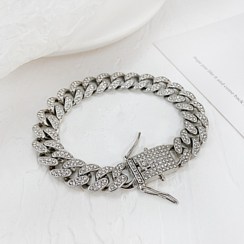 Luxury Fashion Rhinestone Bracelet Women Men Hiphop Cuban Link Bracelets Simple Design Silver Color Jewelry Gifts gb015