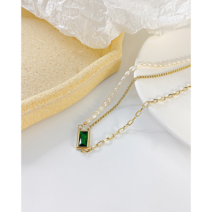 Vintage Double Layer Chain Necklace for Women Emerald Pearl Chain Golden Choker Fashion Jewelry New Year Gifts