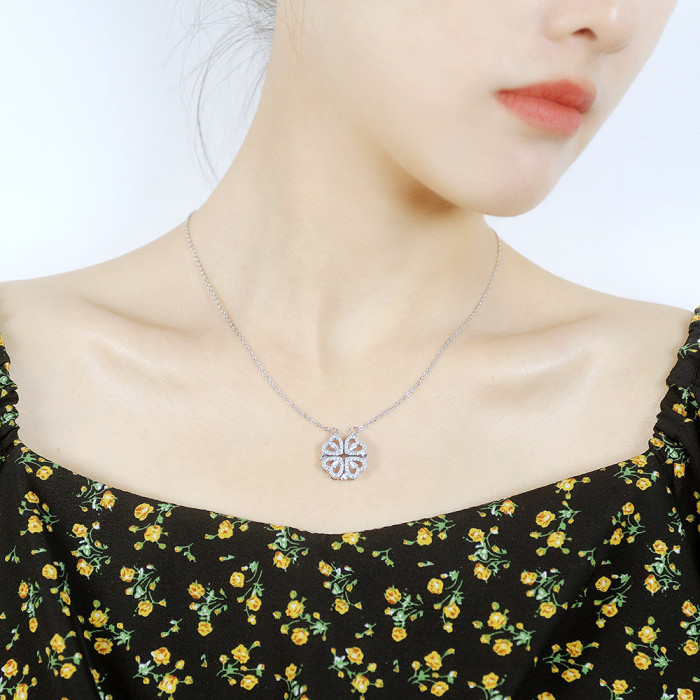 Luxurious Two In One Love Heart Four Leaf Clover Necklace Jewelry Zircon Lucky Grass Fashion Women Girl Gift
