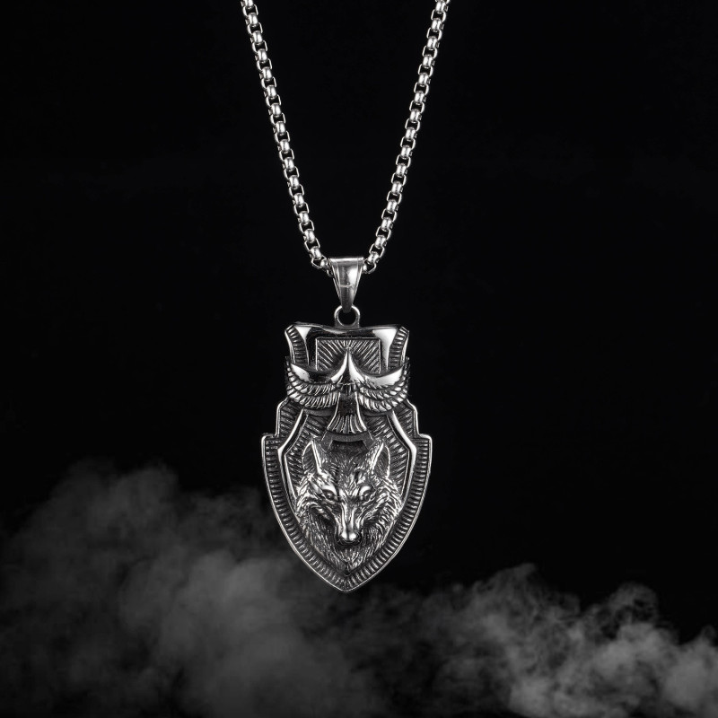 Vintage Viking Warrior Shield Flying Eagle Wolf Head Pendant Necklace Stainless Steel Wolf Necklace Men Punk Jewelry