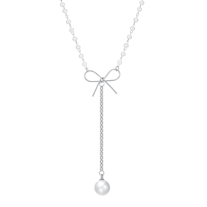 New Arrival Fashion Women Chokers Necklaces Trendy Simulated Pearl Luxury Bow Long Pearl Tassel Pendant Necklace