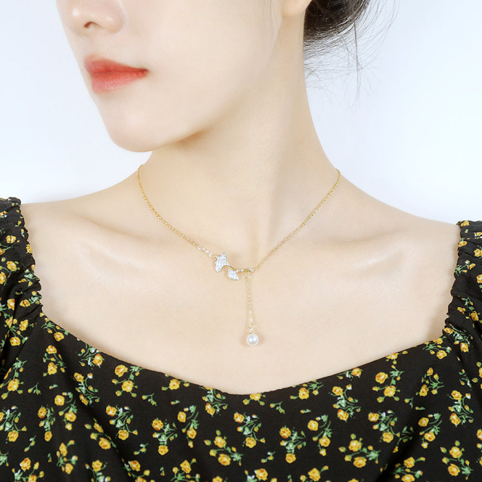 Bohemian Vintage Gold Color Ginkgo Biloba Leaf Pearl Tassel Necklaces for Women Pendants Necklaces Collar Jewelry