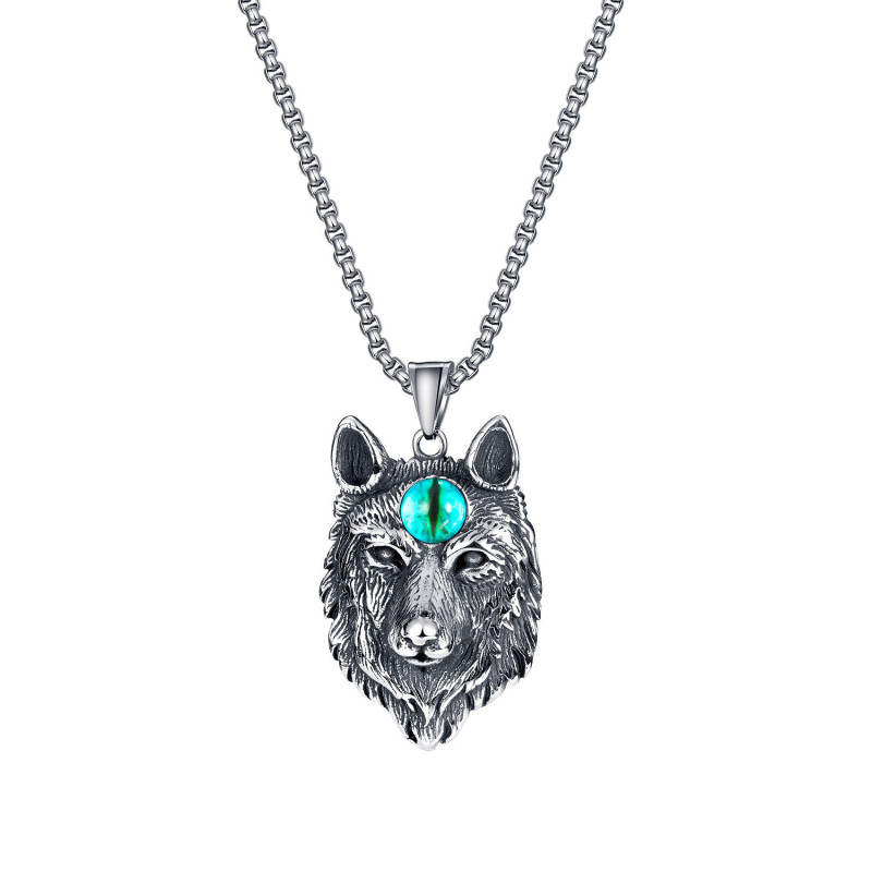 Wolf Head Pendant Necklace with Blue Devil Eye Viking Wolf Necklace Wolf Pendant Jewelry Wolf Head for Men