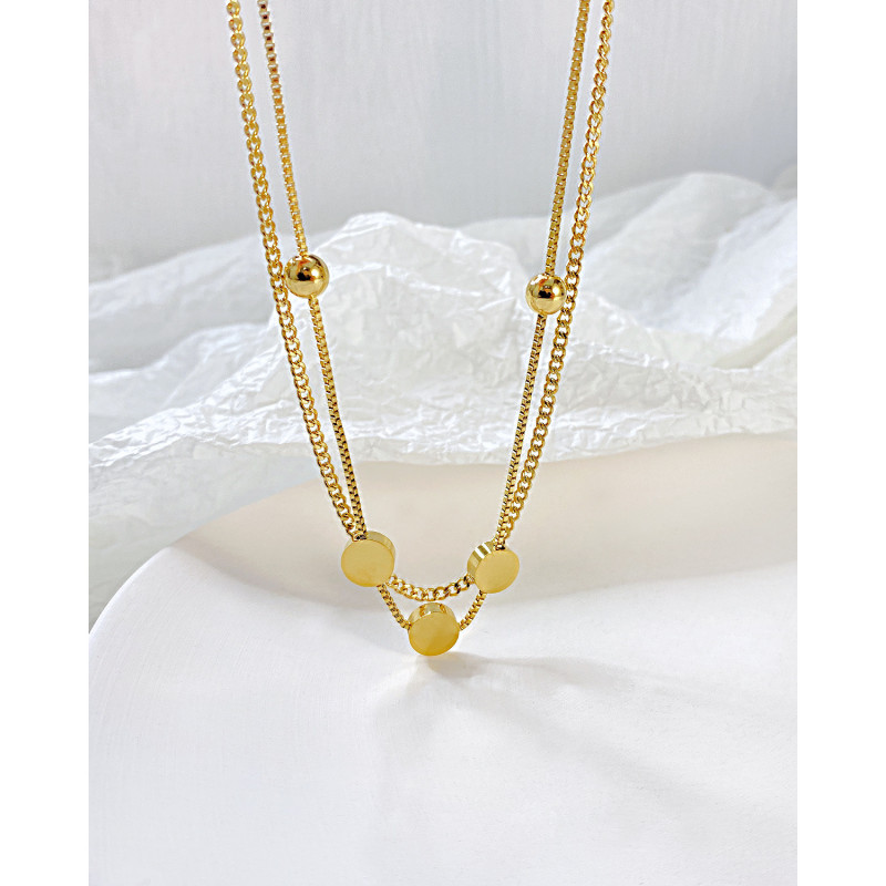 Double Layer Round Disc Pendant Necklace Gold Bead Chain Charm Necklace For Women Jewelry Collares
