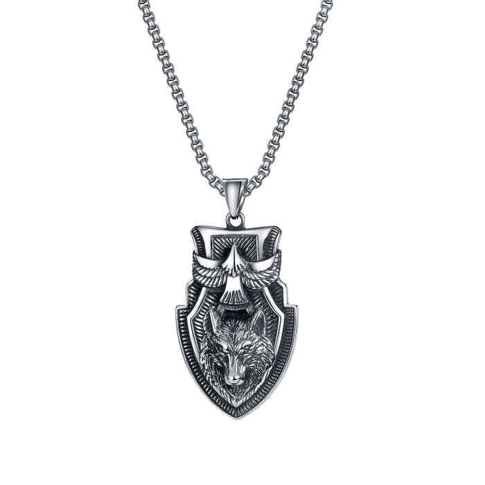 Vintage Viking Warrior Shield Flying Eagle Wolf Head Pendant Necklace Stainless Steel Wolf Necklace Men Punk Jewelry
