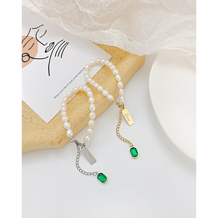 Fashion Retro Emerald Zircon Square Exquisite Temperament Senior Freshwater Pearl Ladies Bracelet
