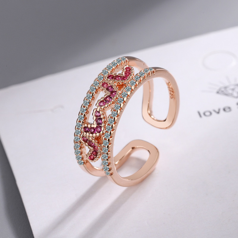 New Luxury Zircon Rose Gold Double Layer Opening Heart Rings for Woman Fashion Gothic Finger Wedding Party Jewelry Adjustable