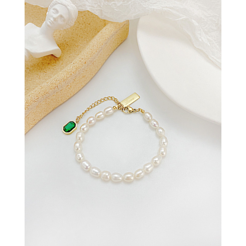 Fashion Retro Emerald Zircon Square Exquisite Temperament Senior Freshwater Pearl Ladies Bracelet