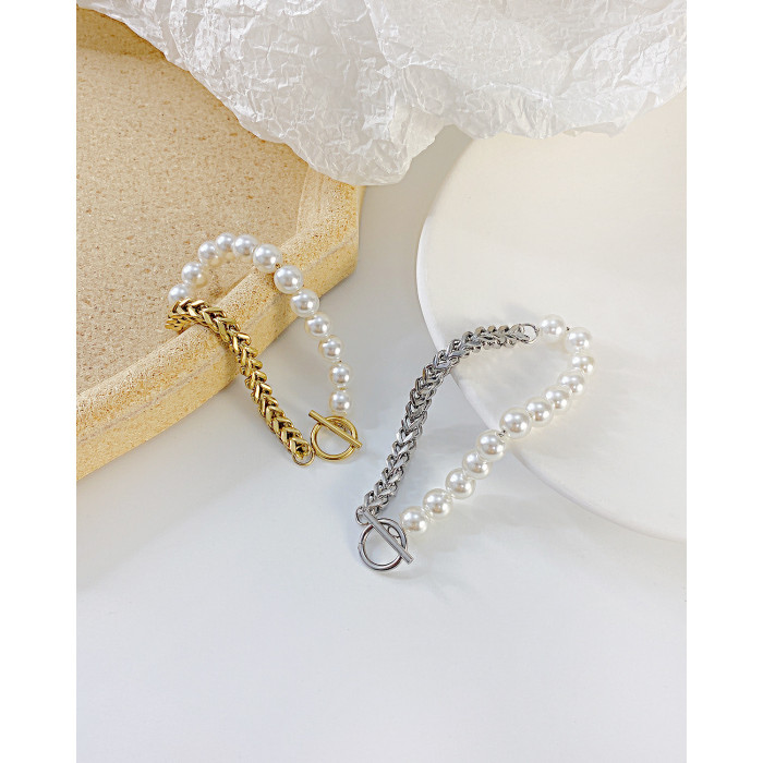 French Elegant Freshwater Rice Pearl Gold Paper Clip Chain Splicing Simple Temperament Fashion OT Buckle Bracelet Female
