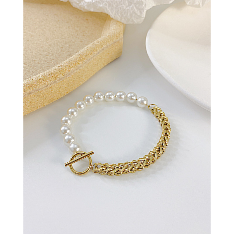 French Elegant Freshwater Rice Pearl Gold Paper Clip Chain Splicing Simple Temperament Fashion OT Buckle Bracelet Female