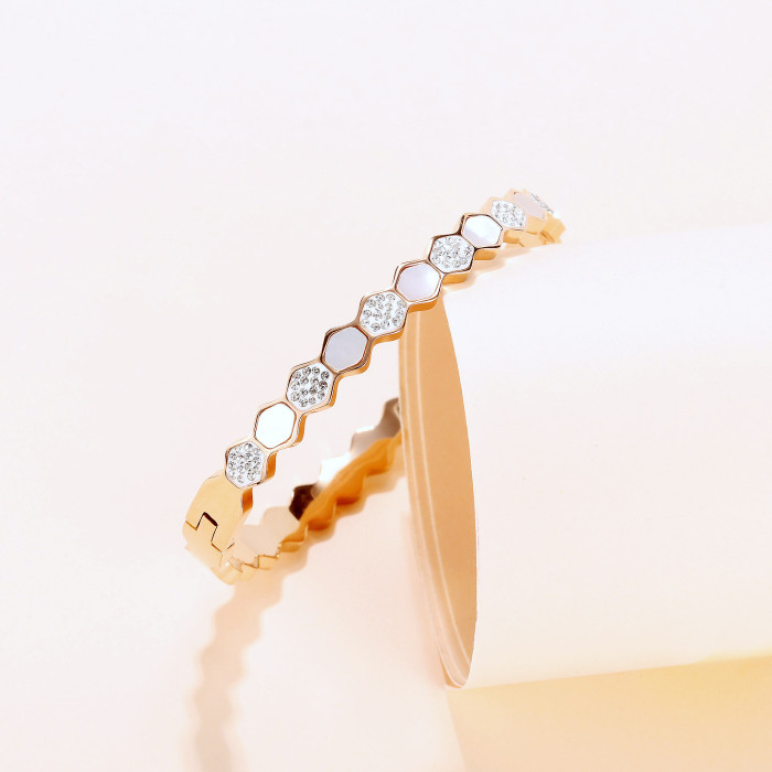Hexagonal White Shell Stainless Steel Bracelet Rose Gold Honeycomb Hollow Geometry Open High End Bracelet Ladies' Bracelet