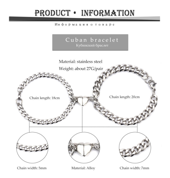 Wholesale Simple Stainless Steel Titanium Steel Cuba Love Magnet Suction Bracelets for Men  Women Couple Pairs
