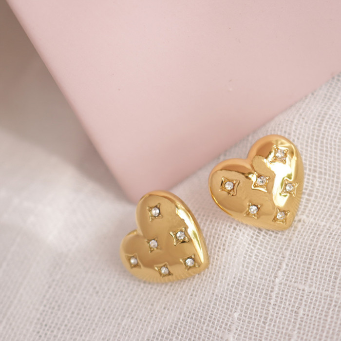 New Fashion Lady's Chic Metal Earrings Rose Gold Heart Zircon Inlaid Stud Earrings for Women f275