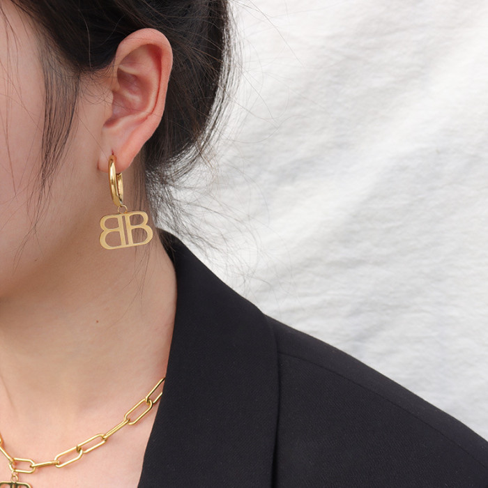 Letter B Dangle Earrings for Women Bold Gold Color Geometrical Initial Hanging Earrings