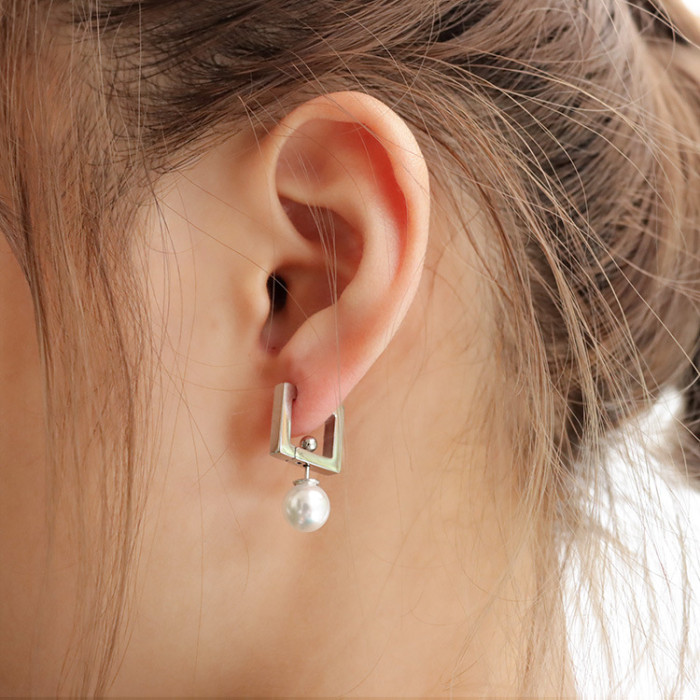 Gold Retro Square Pearl Drop Earrings Minimalist Temperament Hoop Earrings Ear Buckle Party Wedding Dangle Jewelry for Women