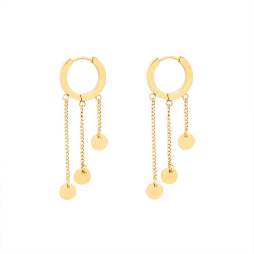 Personality Long Golden Tassel Hoop Earrings Female Trend Fashion Small Round Disc Punk Party Gift