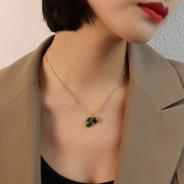 Gold Green Black Agate Irregular Shaped Double Pendant Necklace Long Chain Clavicle Necklace For Female Jewelry