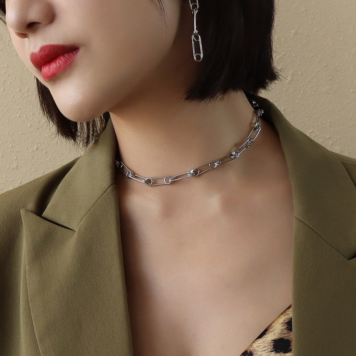 Stainless Steel Link Cable Chain Necklace Bracelet Earring Gold Silver Color Paperclip Chain Jewelry Set Women Men