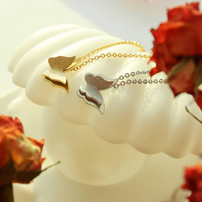 Double Layers Butterfly Stud Earrings Ring Necklace Delicate Butterfly Stainless Steel Earrings for Women Wedding Jewelry Gift