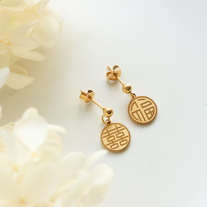 Round Chinese Letter Fu Xi Drop Earrings for Women Means Good Future Good Luck