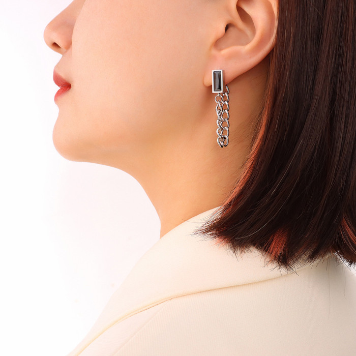 Fashion Retro Metal Square Emerald Ear Studs Simple Personality Back Hanging Chain Tassel Earrings Jewelry Gifts