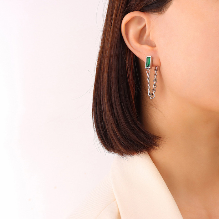 Fashion Retro Metal Square Emerald Ear Studs Simple Personality Back Hanging Chain Tassel Earrings Jewelry Gifts