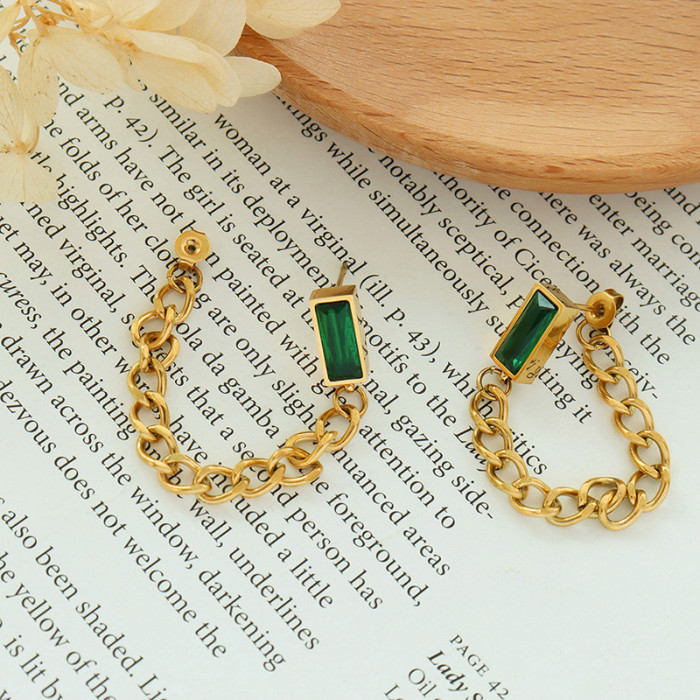 Fashion Retro Metal Square Emerald Ear Studs Simple Personality Back Hanging Chain Tassel Earrings Jewelry Gifts