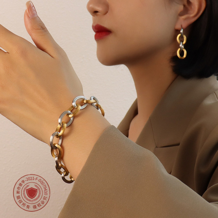 Trends Punk Rock Chain Bracelet Titanium Steel Embossed Earrings Bracelet Gold Plated Jewelry Set Gifts
