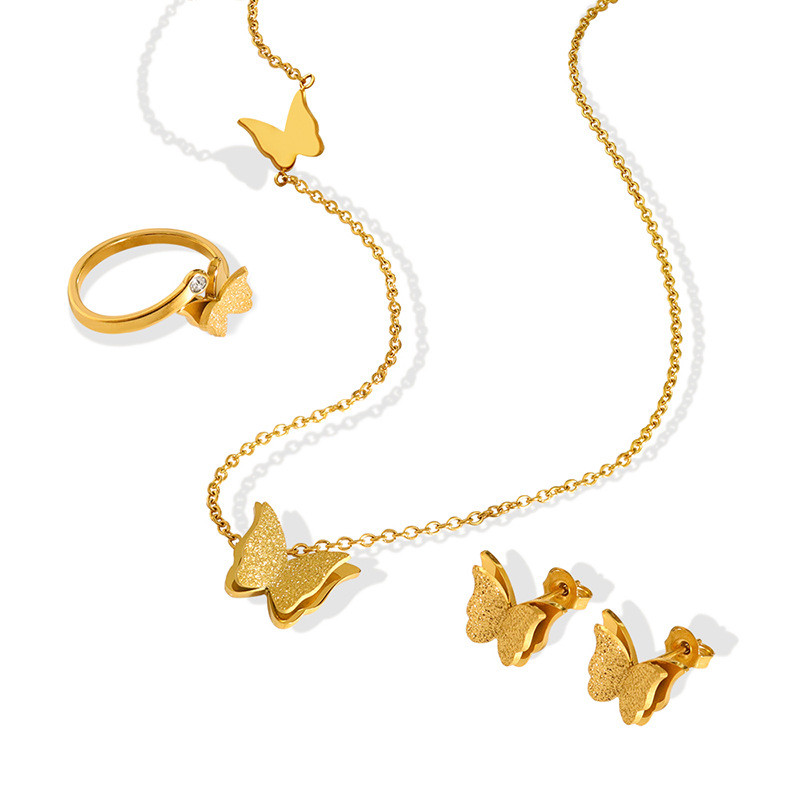 Double Layers Butterfly Stud Earrings Ring Necklace Delicate Butterfly Stainless Steel Earrings for Women Wedding Jewelry Gift