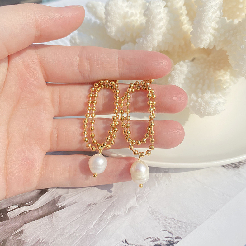 New Stainless Steel Beaded Chain Freshwater Pearl Pendant Teardrop Earrings Fashion Jewelry Gold Plated Pearl Earring