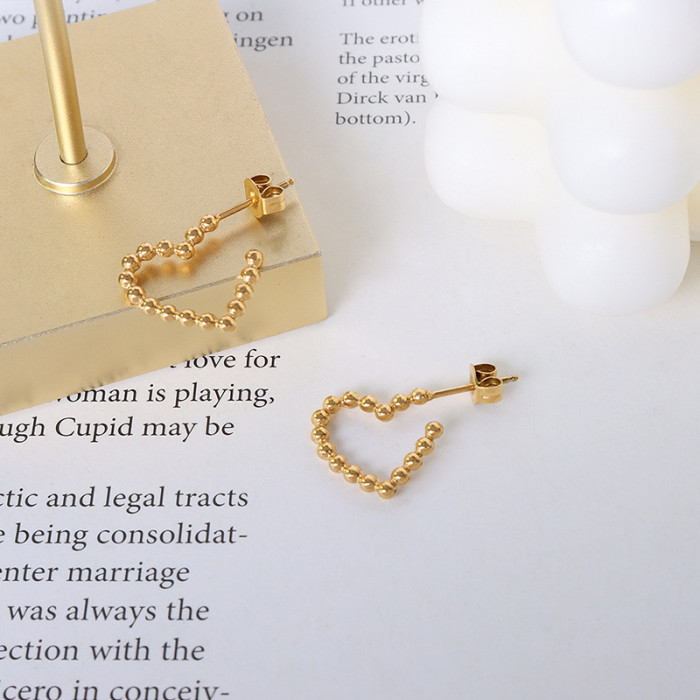 Minimalist Stainless Steel Beads Heart Stud Earring For Women Waterproof Jewelry Metal Love Earrings