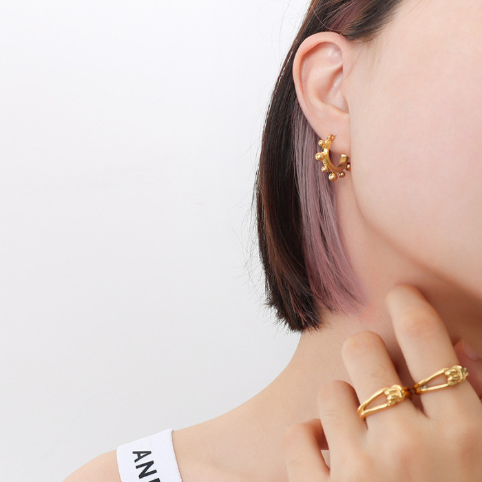 Stainless Steel Round Bead Hoop Earrings Stylish Metalic Gold Color Small Earrings Girls Office Gift