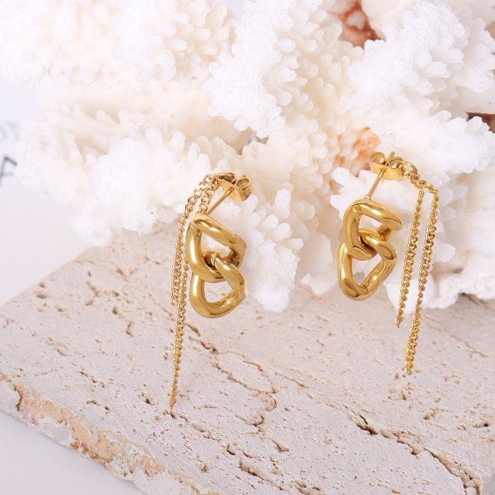 Stainless Steel Jewelry Thick Chain Double Tassel Earrings Women's Fashion Twist Irregular Earrings
