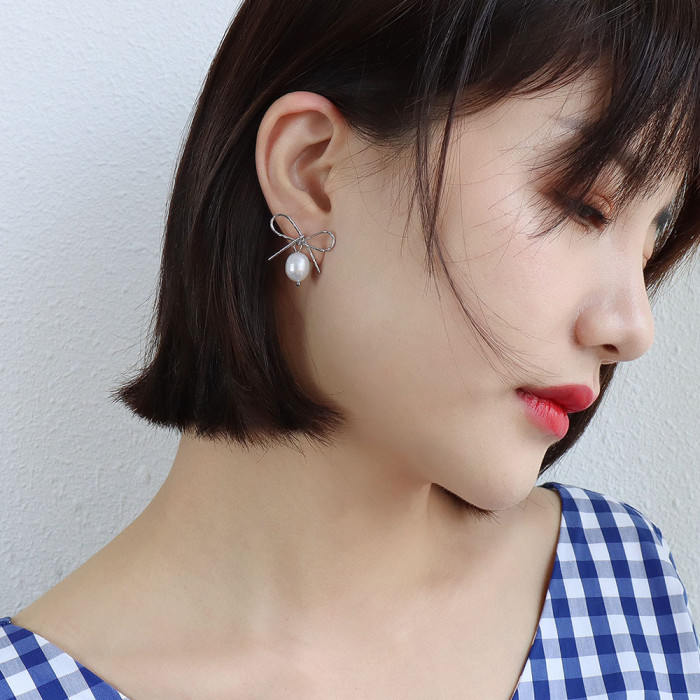 Summer Autumn Cute Vintage Personality Pearl Bow Flower Stud Earrings For Women Girls Fashion Charm Jewelry